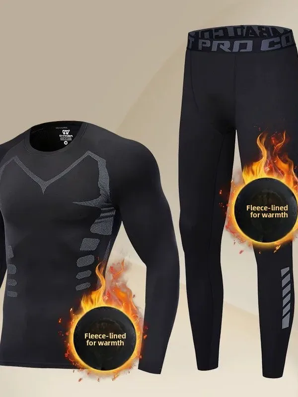 Thickened Thermal Underwear Set for Men's Fleece Lined Anti-cold Tight Fit Base Layer Autumn Winter Sports Style Long Sleeve ...