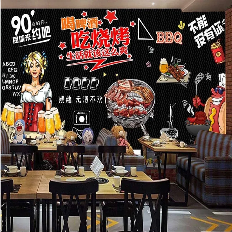 Custom Text Size Hand-painted Blackboard Barbecue Beer Restaurant Background Wall Paper 3D BBQ Bar Snack Bar Mural Wallpaper 3D