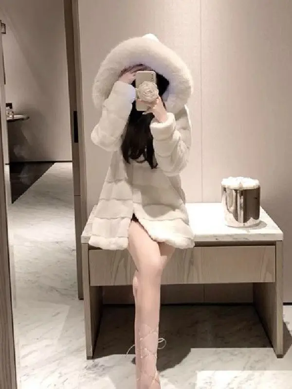 صديقة للبيئة سوبر كبيرة منتصف طول فرو المنك طوق Thiened معطف لطيف الشباب معطف الفرو Princ Sle k زر