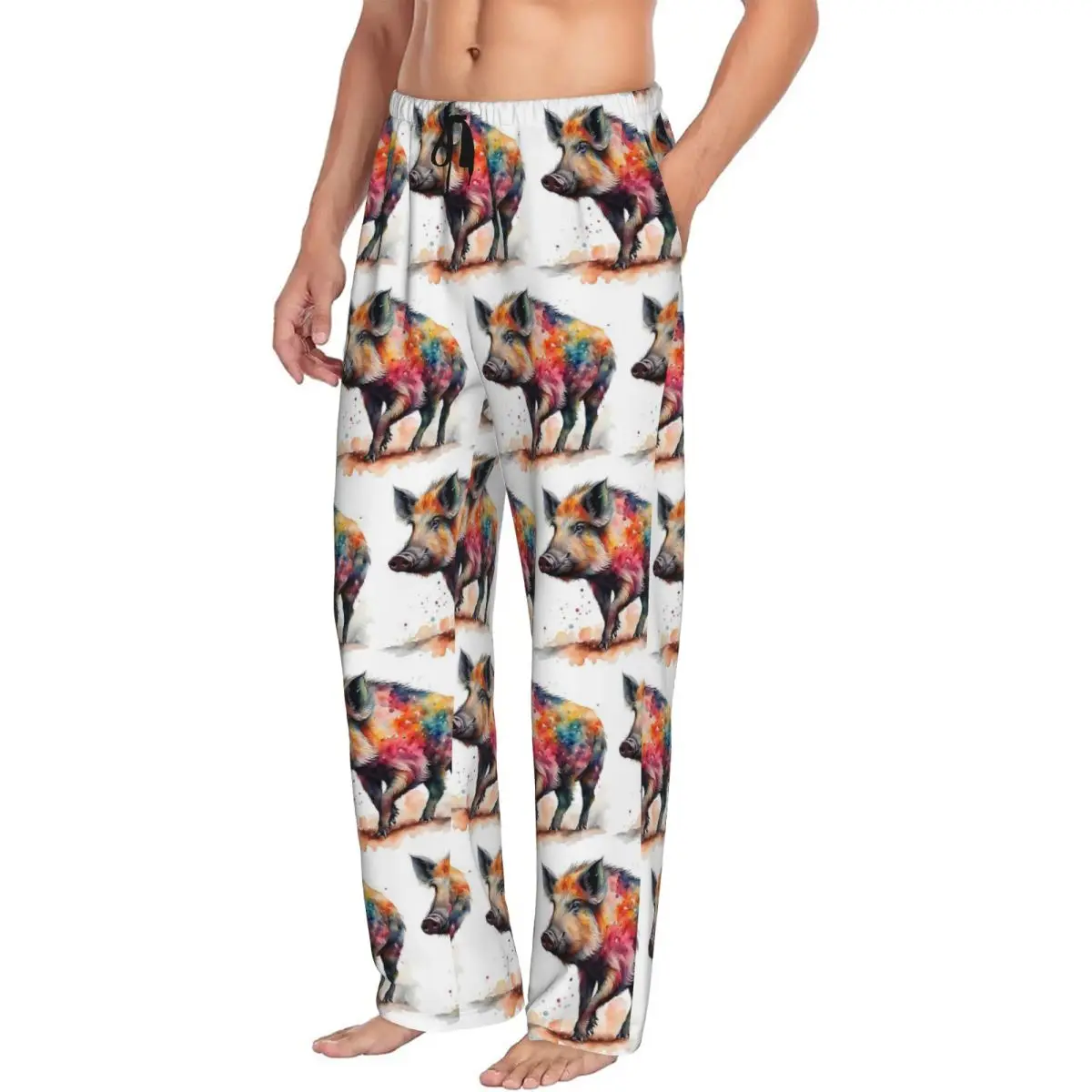 Custom Colorful Watercolor Wild Boar Pig Pajama Pants Men Sleepwear Sleep Lounge Bottoms with Pockets