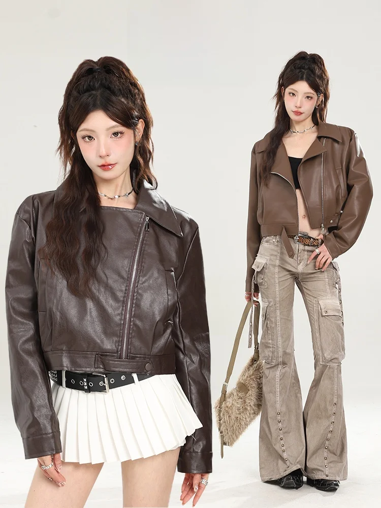 American Sle ort PU Leather Jaet Women's Autumn Winter Flip Collar Coat Small Size Faionable Biker Top for Youths