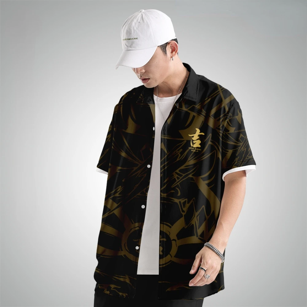 Fashion Chinese Style Print Short Sleeve Shirt Harajuku Streetwear Casual Men Oversized Hawaiian Summer Hip Hop Japanese Shirt