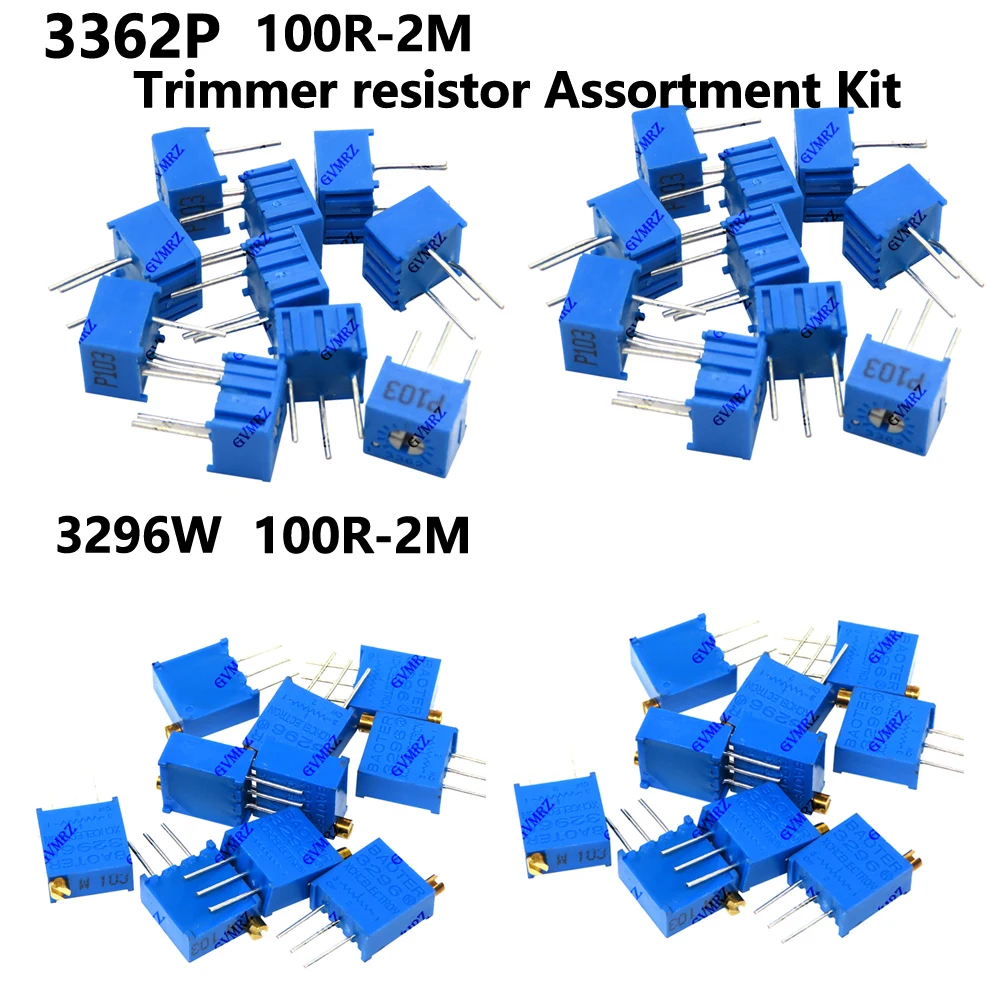 Kit d'assortiment de potentiomètres trimmers 50/1000 pièces 500K 50K 5K 3296W 3362P 2M 200K pour électronique DIY 100R 10K 2K