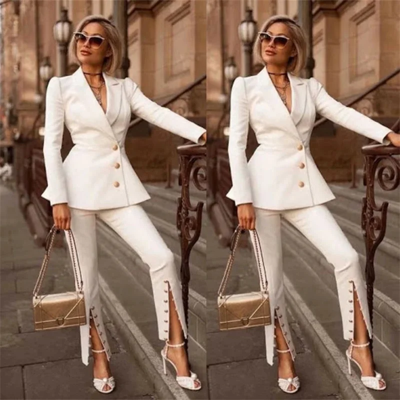 Ensemble de olympiques blancs sur mesure pour femmes, smoking formel, robe de Rhde bureau, veste avec boutons, pantalon fendu, robe de soirée, mariage