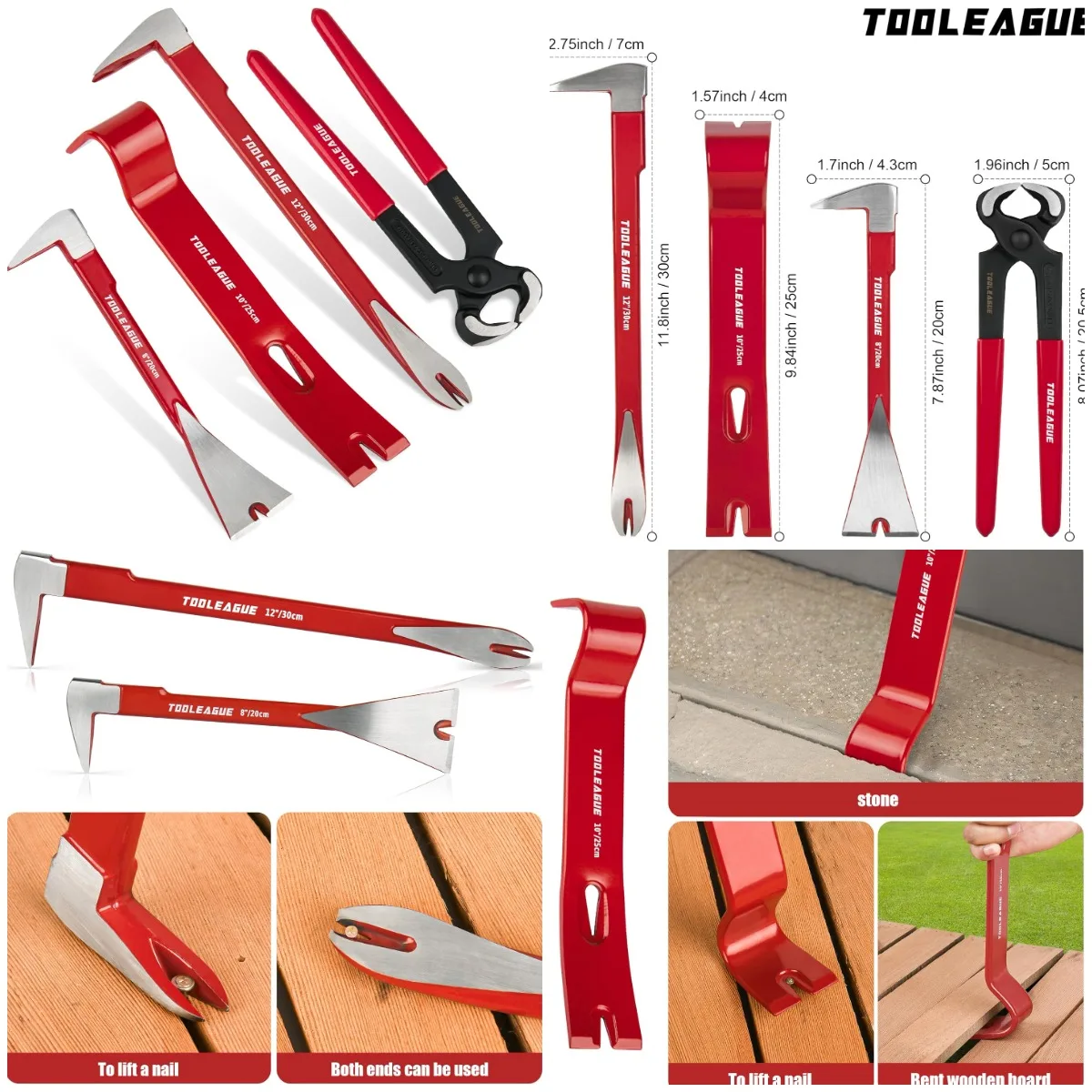 

4 Pcs Pry Bar Set: 12', 10', 8' Cats Paw & Flat Claw, End Cutting Plier – Utility Crowbar for Woodworking