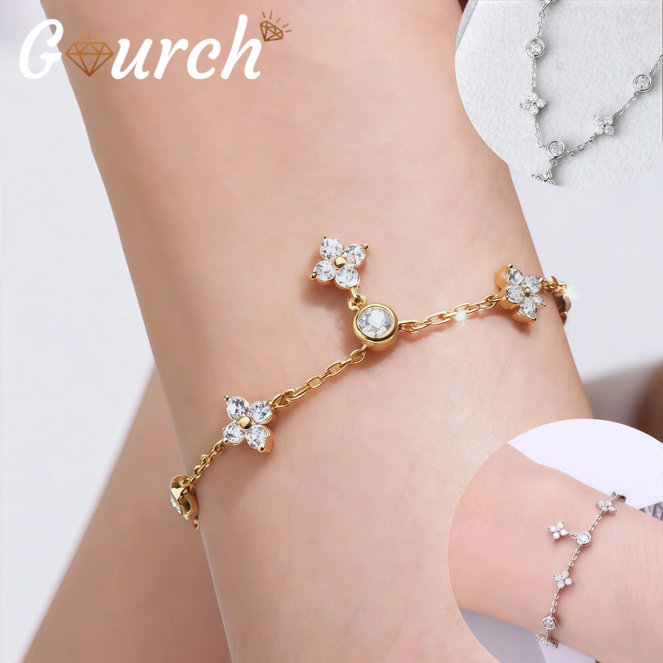 

Gourch S925 Silver 18K Gold Plated Four Leaf Clover Moissanite Bracelet Classic Stackable Light Luxury Adjustable Chain Jewelry