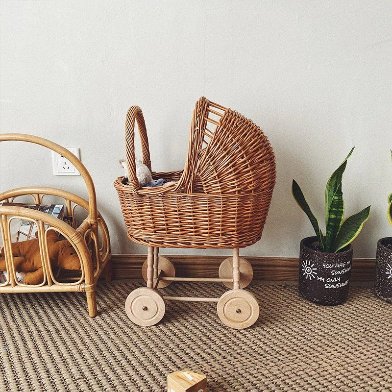 Ins Rattan Weave Stroller Toy Studio Photo Props Baby Doll Carriage Children\'s Room Decoration Play House Cart Pretend Play Toy