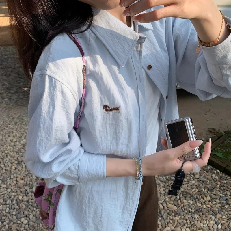 Deeptown Cartoon Embroidered Women's Shirts Basic Long Sleeve Korean Fashion Blouses Loose Solid Color Casual Aesthetic New