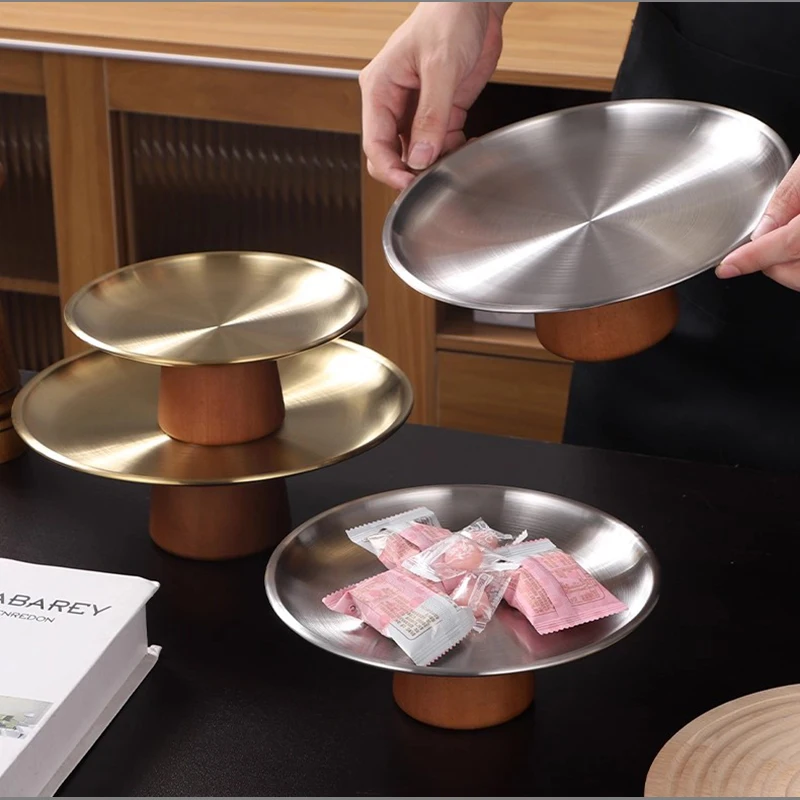 European Metal Fruit Plate Wooden Jewelry Cosmetic Food Teacup Storage Tray Stainless Steel Round Dessert Pastry Display Plate