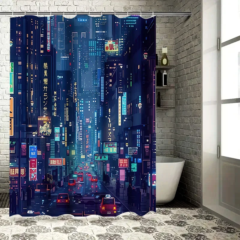 Cyberpunk Cityscape Shower Curtain Urban Nightlife Bath Decor Neon Signs Futuristic Architecture Sci-Fi Atmosphere Elevate Space