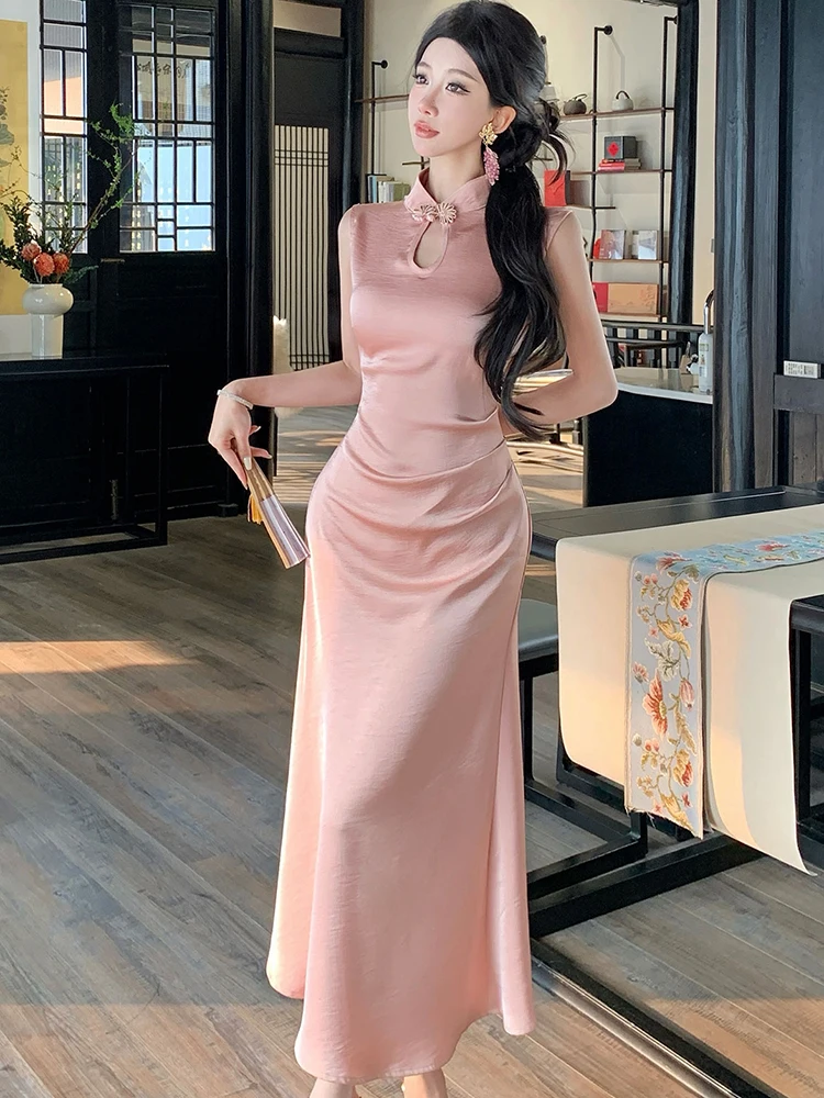 2025 ピンクアセテートサテンシックなノースリーブマキシドレス女性エレガントな高級フェスティバルイブニングドレス夏の韓国ボディコンウエディングドレス