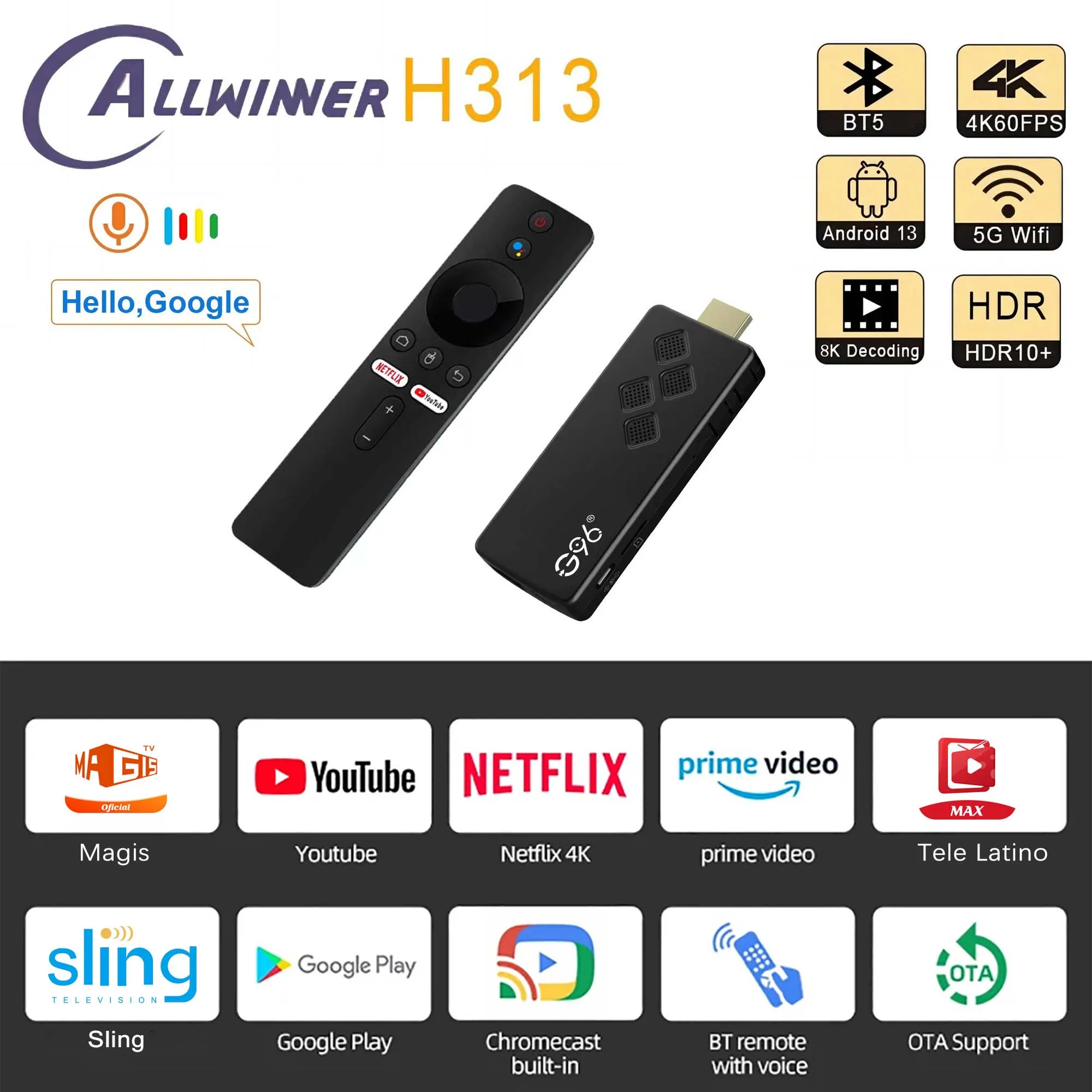 Android13 Smart TV Stick 4K HDR10 Google Assistant Dual 2.4G+5GWifi Netflix Youtube Multi Language Streaming Media Player Q2