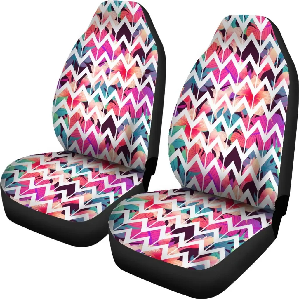 Hawaiian Palm Foliage On Striped Zigzag Seat Cover Car Seat Covers Set 2 Pc, Car Accessories Car Mats