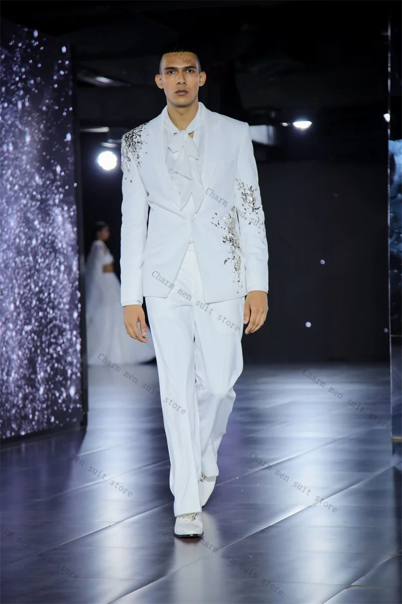 

Crystals White Men Suits Set 2 Pcs Blazer+Pants Trousers Wedding Tuxedos Cotton Formal Office Customized Guest Prom Jacket Coat