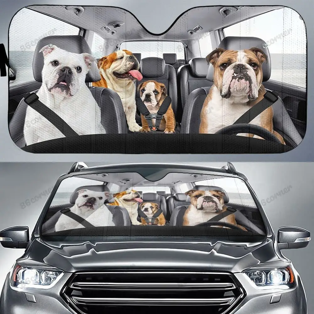 English Bulldog Family Driving Car Sunshade, English Bulldog Family Car Sunshade for Windshield, English Bulldog Dog Lovers Suns