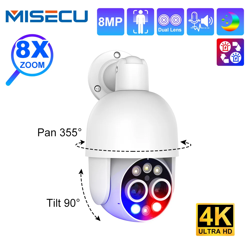 

MISECU UHD 4K PTZ POE камера 8X Гибридный зум 2,8 мм 12 мм двойной объектив 8MP наружная камера наблюдения с обнаружением человека и цветным ночным видением