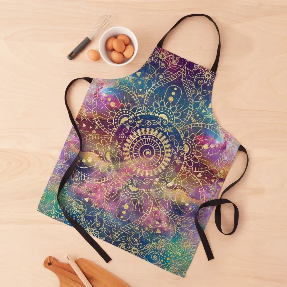 Gold watercolor and nebula mandala Apron Barber For Woman Apron