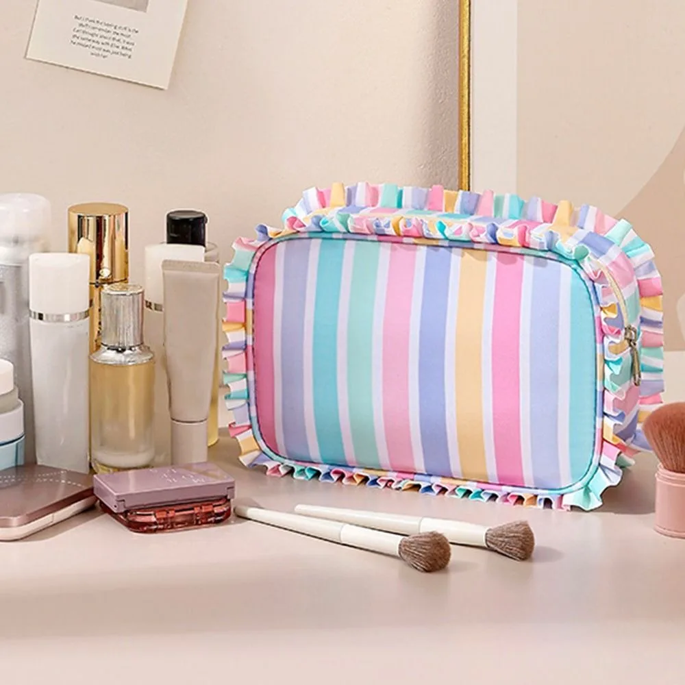Ruffle Decoration Striped Cosmetic Bag Oxford Zip Top Women's Makeup Case Large Capacity Flat Bottom Travel Zipper Pouch