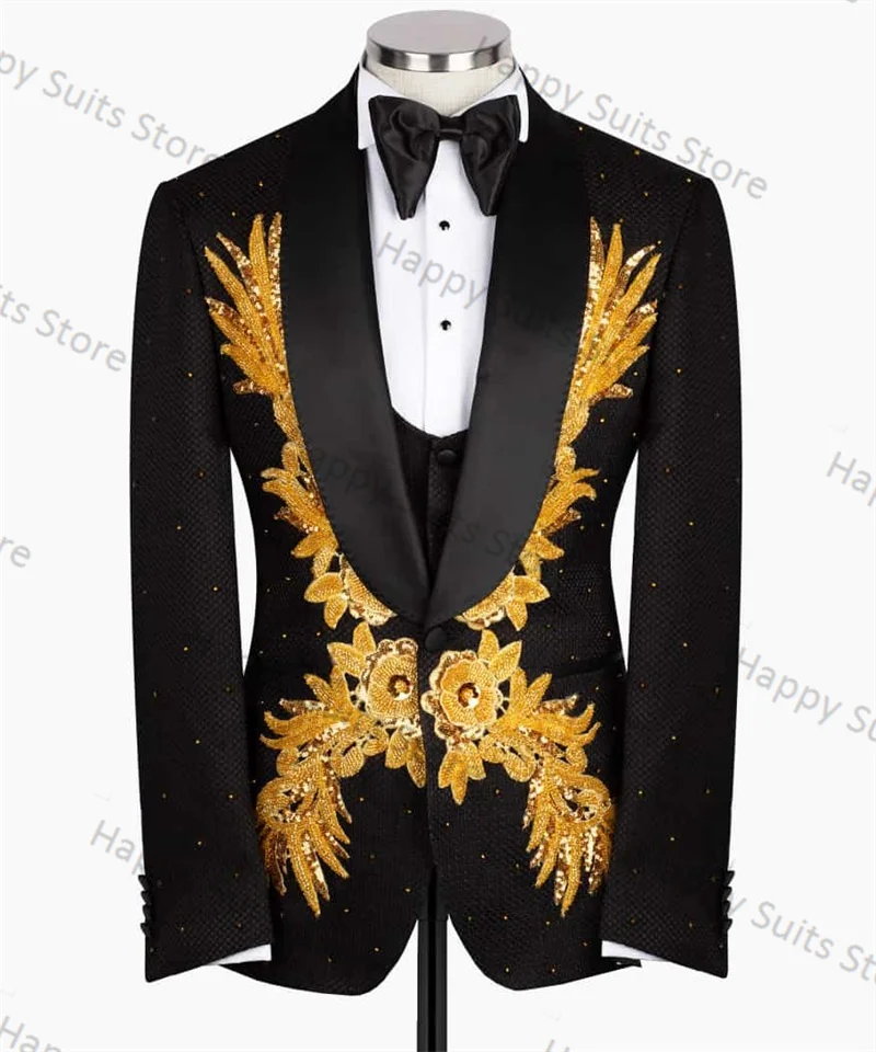 Gold Crystals Men Suit Set 2 Pieces Black Blazer+Pant Formal Work Office Male Cotton Jacket Coat Trousers Prom Wedding Tuxedos