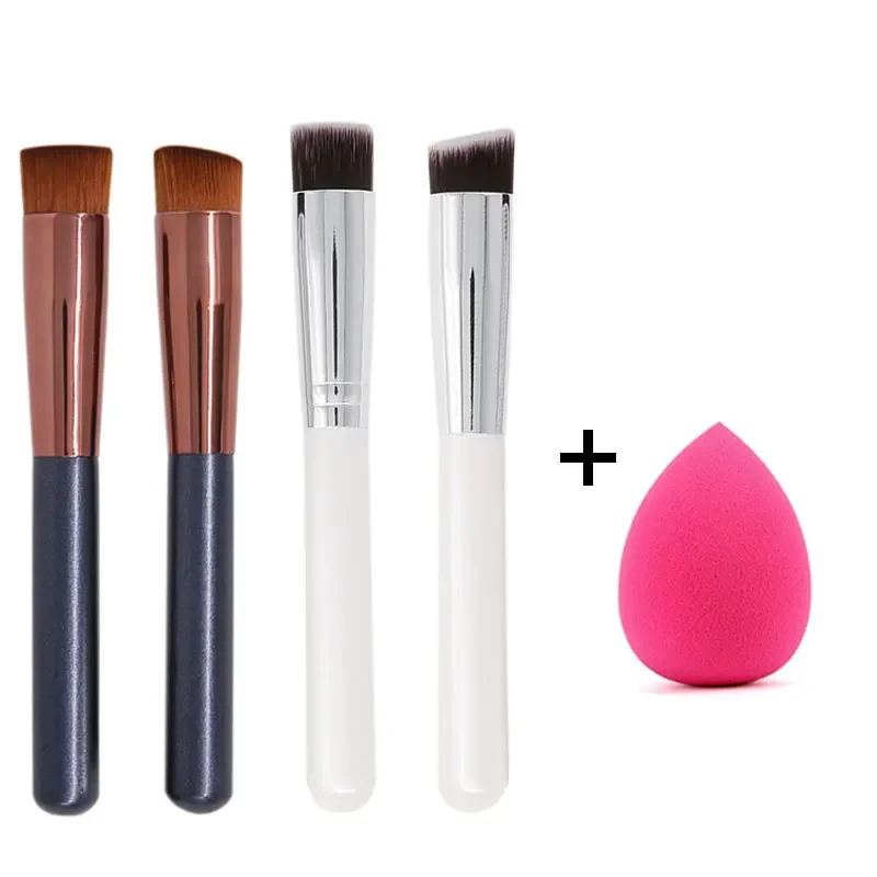 Ensemble de pinceaux de fond de teint à tête oblique ou plate, correcteur, BB crème, pinceaux de maquillage multifonctions pour le visage, outils de beauté, éponge cosmétique