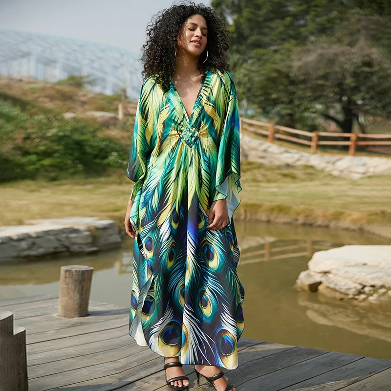 Schmetterling Langarm Kaftan V-Ausschnitt tropische Mode schicke Frauen Maxi kleid verträumt lebendige bunte Kaftan Boho lose Vertuschungen