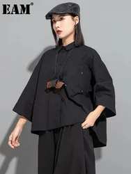 [EAM] Women Black Irregular Big Size Blouse New Lapel Three-quarter Sleeve Loose Shirt Fashion Tide Spring Autumn 2024 1DF6523