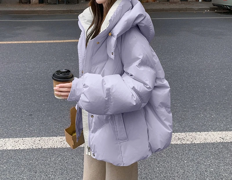 Down and Cotton Jacket Women's Winter New Short Fashionable Loose Hooded Color Blocked Thick Coat