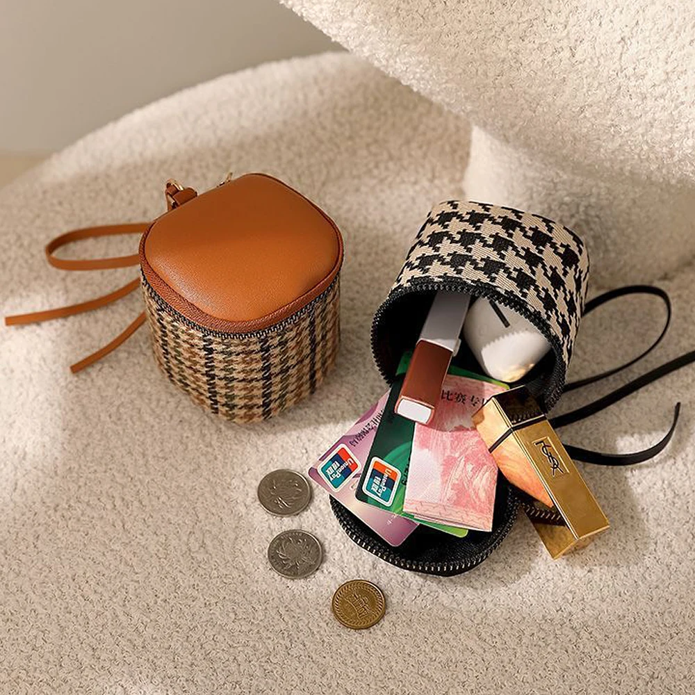 Houndstooth Leather Coin Purse Women Mini Clutch Bag Exquisite Zipper Lipstick Key Storage Bag Change Purse Card Package Wallet