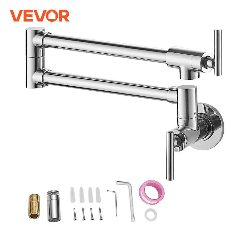 VEVOR Pot Filler Double Faucet Solid Brass Commercial Wall Mount Kitchen Stove Faucet with Matte Black Finish Folding Restaurant