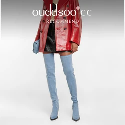 Ods Blue Denim Stretch Over the Knee Boots Women Sexy Brown Black Thigh High Boot Heels Jeans Pointed Toe Shoes Woman 4142434445