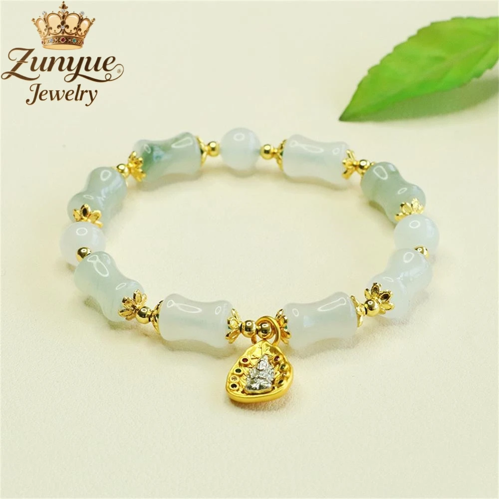 Natural Tianshan Jadeite Green Bamboo Festival Guanyin Bracelet Luxury Quality Fashion Jewelry Exquisite Elegant Popular Charms