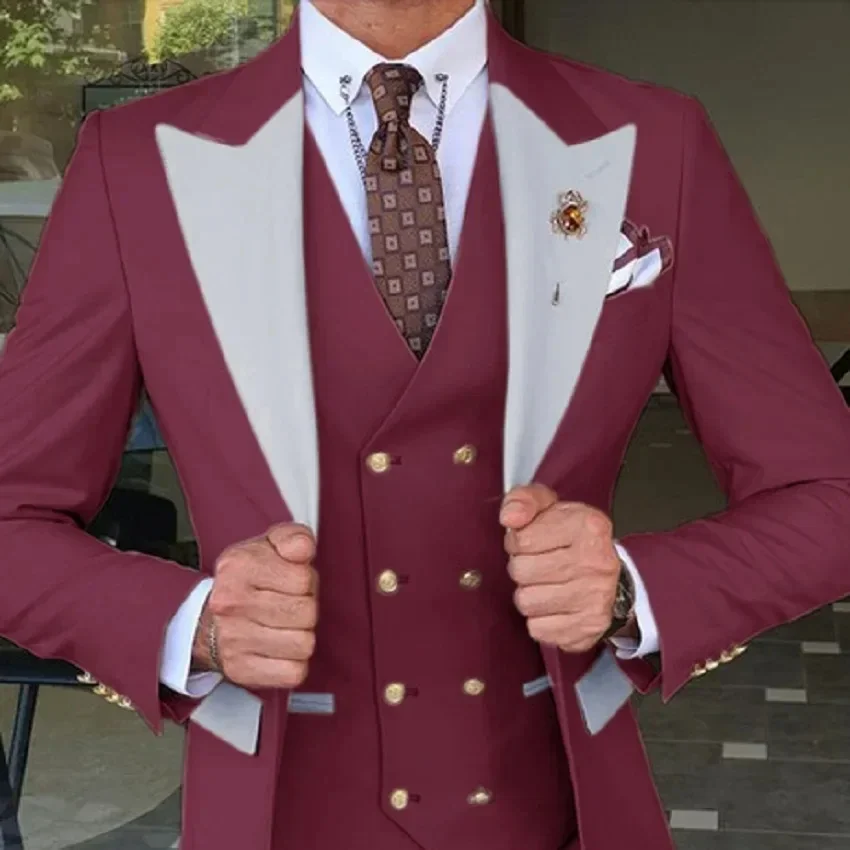 Trajes de boda ajustados Borgoña Para Hombre, conjunto de negocios inteligente a la moda personalizado Para novio, Trajes de esmoquin Elegante Para Hombres, 3 piezas, 2024