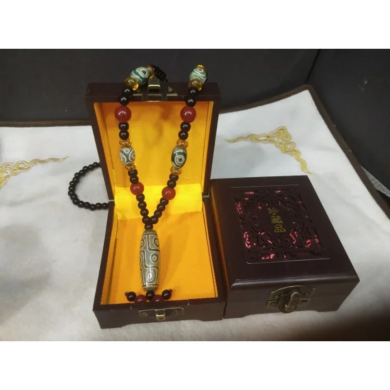 Dzi Three-Eye Sky Bead Necklace Tibetan Old Agate Sweater Chain Boxed Wholesale