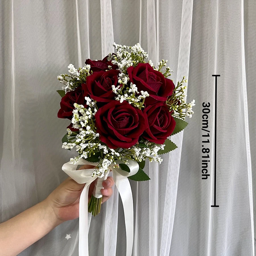 Artificial Roses Flowers Bouquet Bridal Bouquet Burgundy & White For Rustic Church Boho Wedding Centerpieces les fleurs de marie