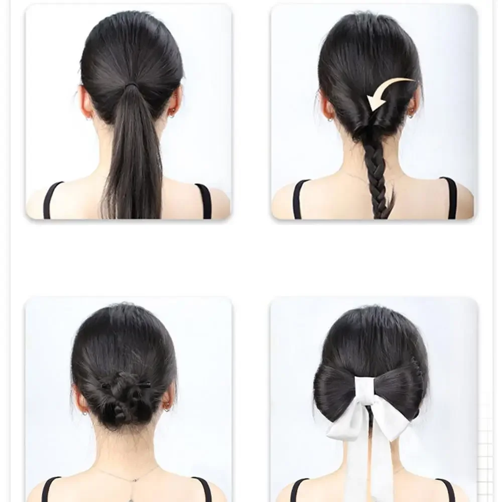 Estilo coreano fita arco grampo de cabelo peruca em forma de bola peruca sintética com extensões de clipe de mola para mulheres estilo versátil