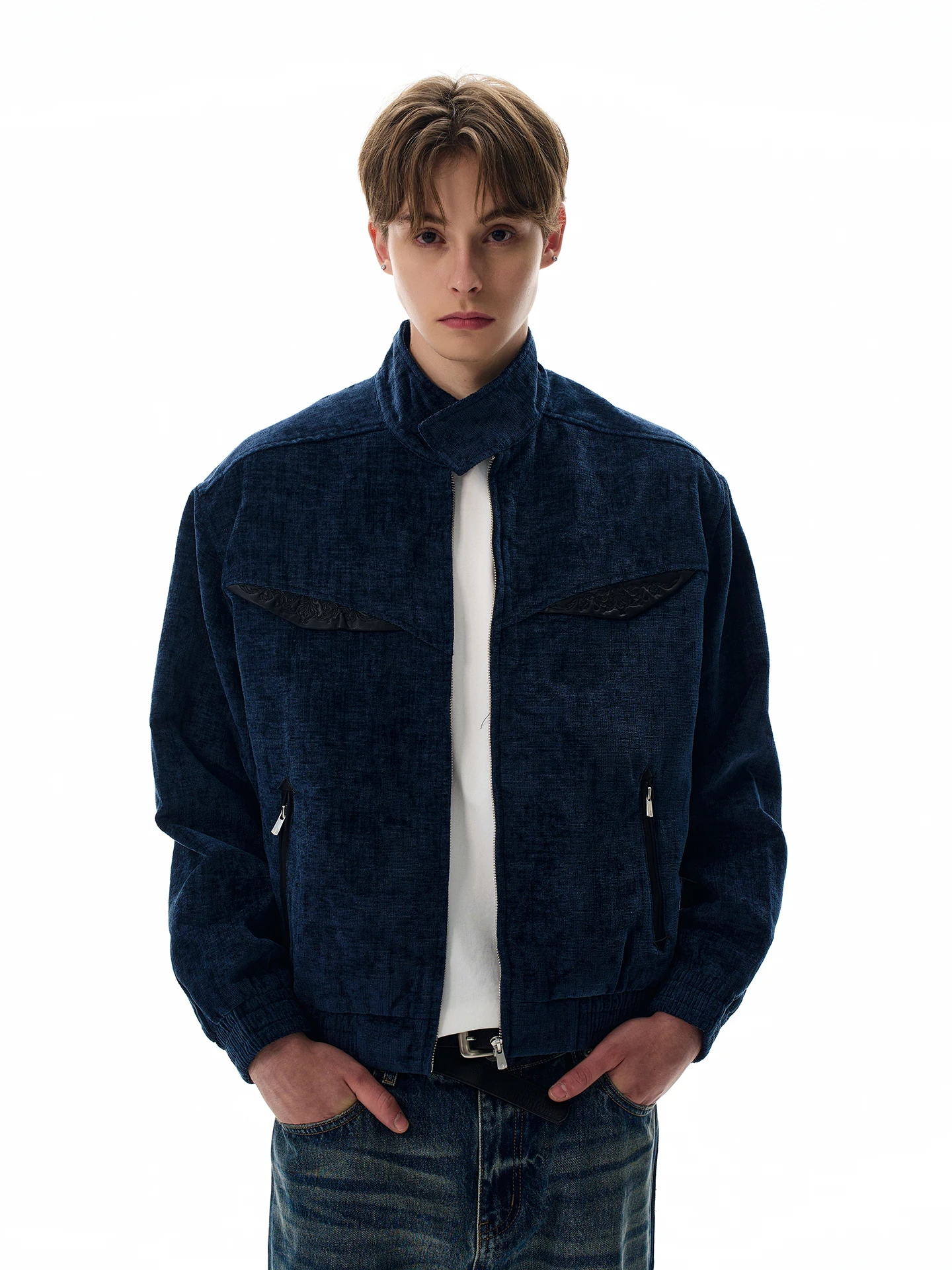 

a PUEE American Retro Vintage Velvet Texture Jaet ort Ha Ling Don Stand Collar Youth Faion Polyester Fiber Spring Autumn
