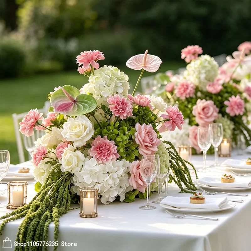 Rosa-weiße Hortensien-Rosen-Anthurien-Kunstblumen-Arrangement Hochzeitstisch-Mittelstück Hängender grüner Amaranthus Partydekoration – Detail 2