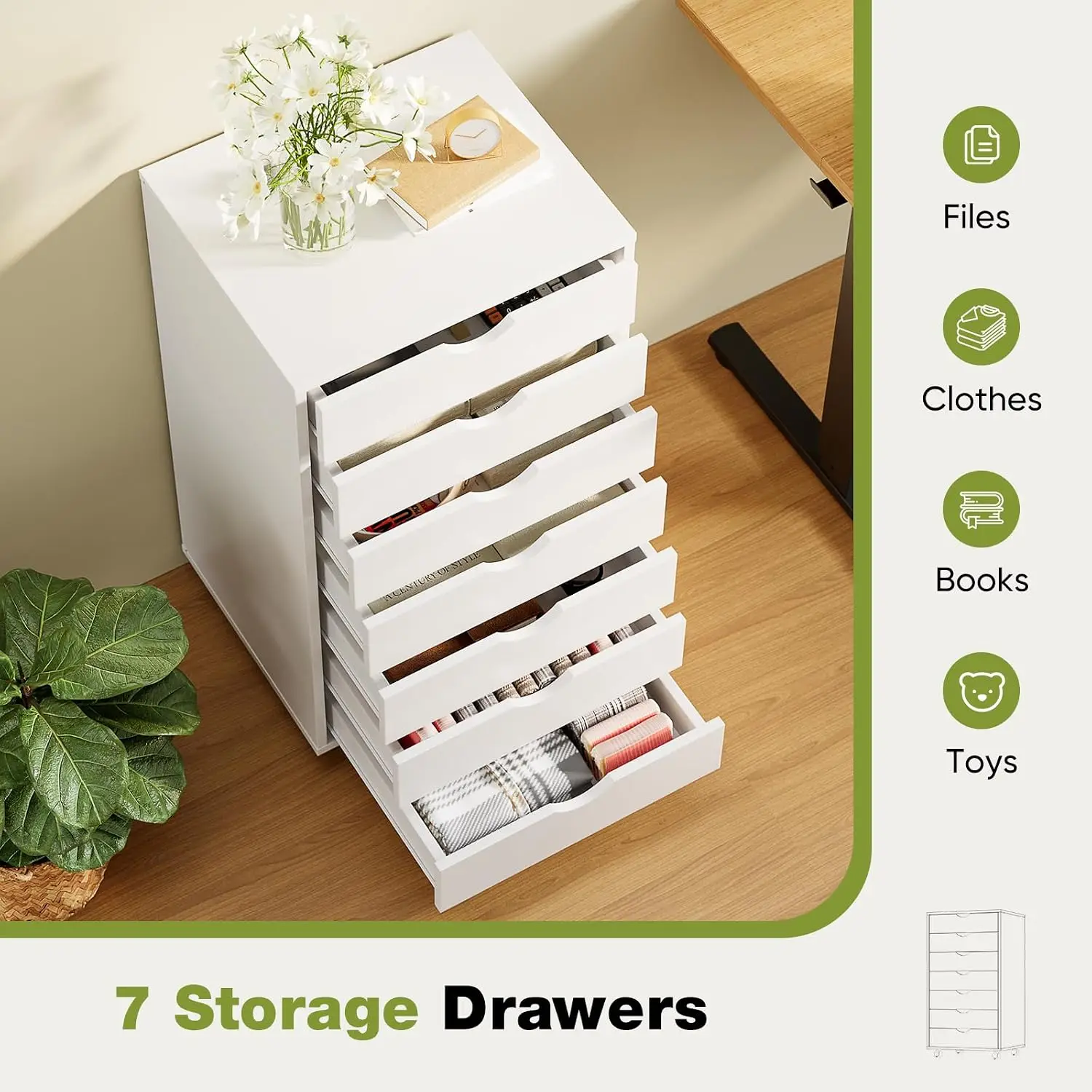 7 Drawer Rolling Storage Cabinet, Wood Under Desk Mobile Dresser with Wheels, Small Organizer Chest for Home Office, Bedroom, Living Room, Compact Vertical Storage Furniture Unit, White view 5