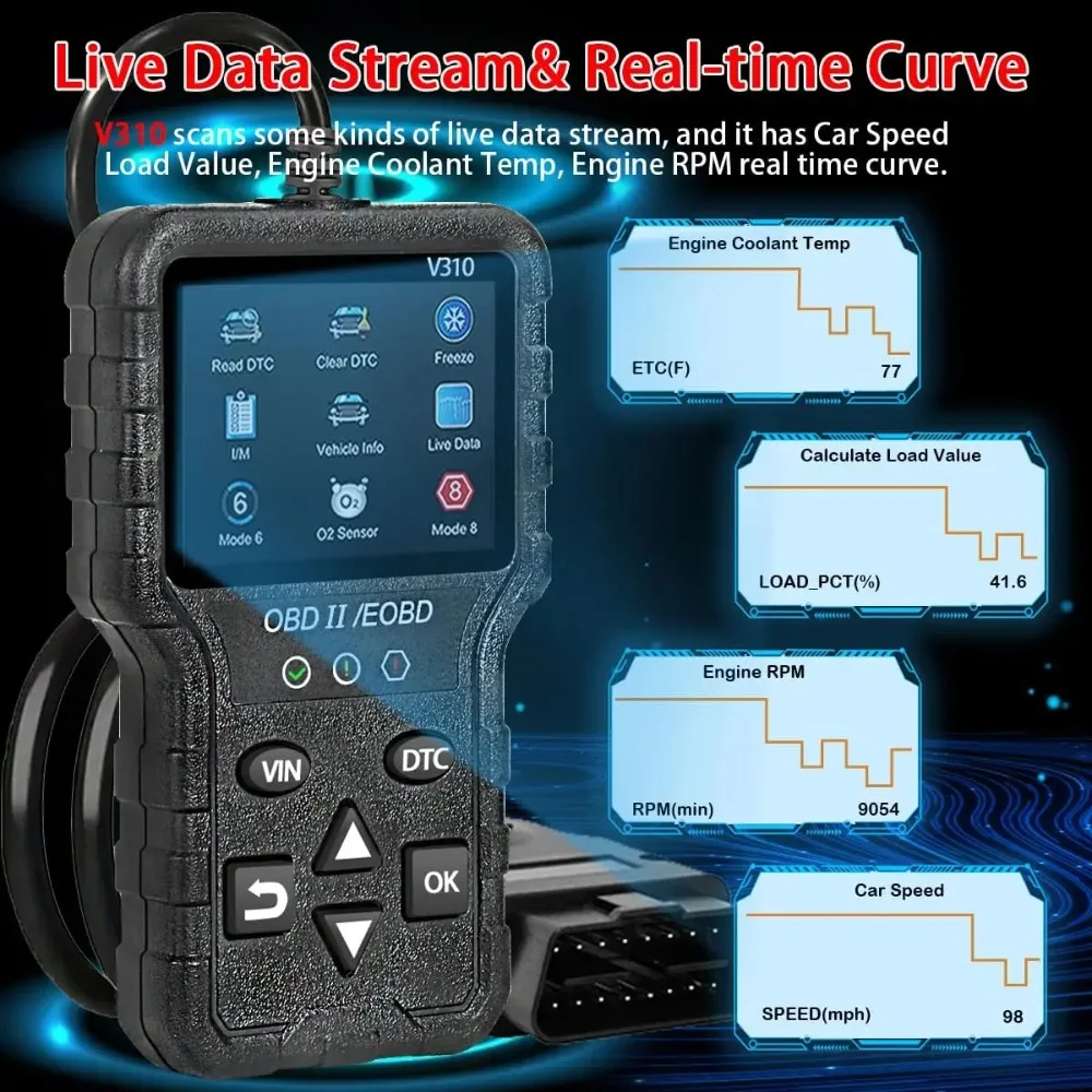 

V310 OBD2 Диагностический инструмент сканера Мониторинг данных двигателя в реальном времени, совместимый с автомобилями и грузовиками Инструмент для ремонта автомобилей