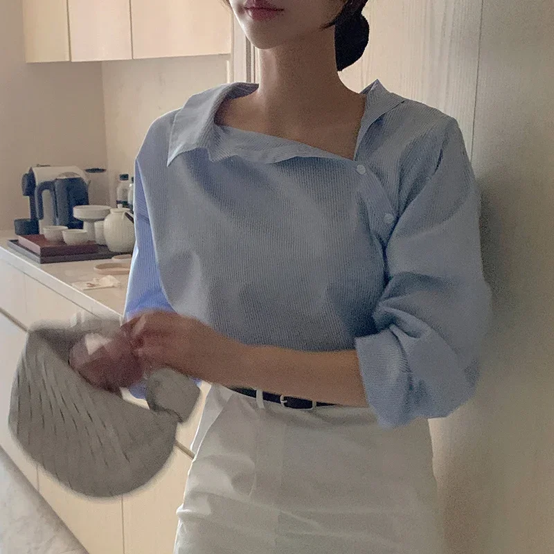 

Office Lady Work Blue Striped Shirts Women Slim Fashion Blusas Mujer De Moda 2023 Spring Button Long Sleeve Tops Casual Blouse