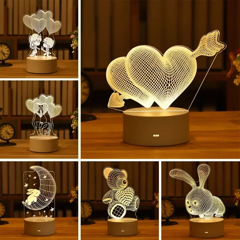 Romantic Love 3D Acrylic Led Lamp for Home Children\'s Night Light Table Lamp Birthday Party Decor Valentine\'s Day Bedside Lamp