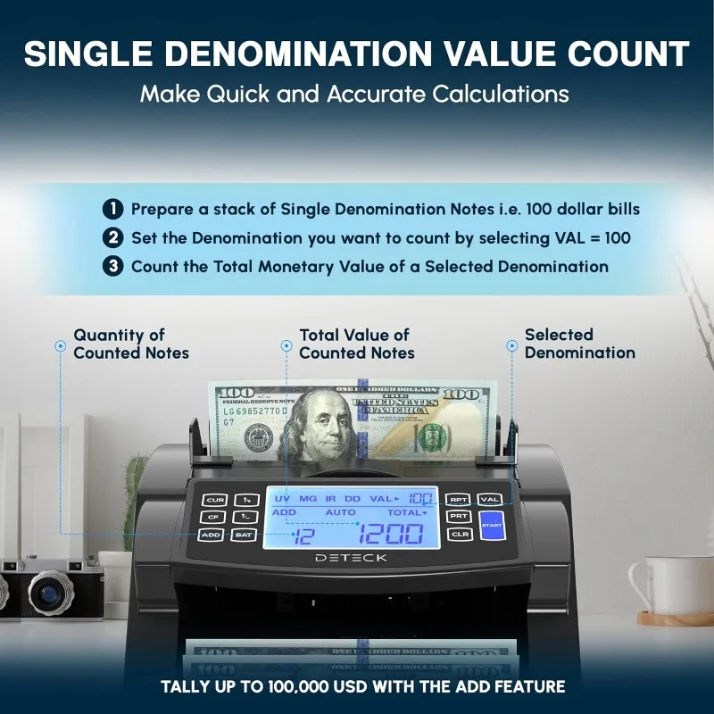 USA Money Counter Machine with Value Count - DT200 Large 4” LCD Display Cash Counter Machine, Add and Batch Modes