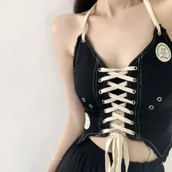 Women Clothing Korean Patchwork V-neck Sleeveless Camisole Summer New Fashionable Drawstring Slim Oversized Crop Top Women's