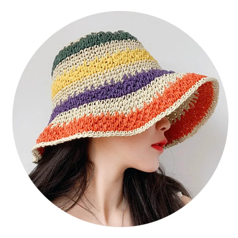 Chapeau de plage à rayures arc-en-ciel pour femme, casquette pliable au crochet, chapeau anderparent-enfant, casquette pare-soleil de plage pour