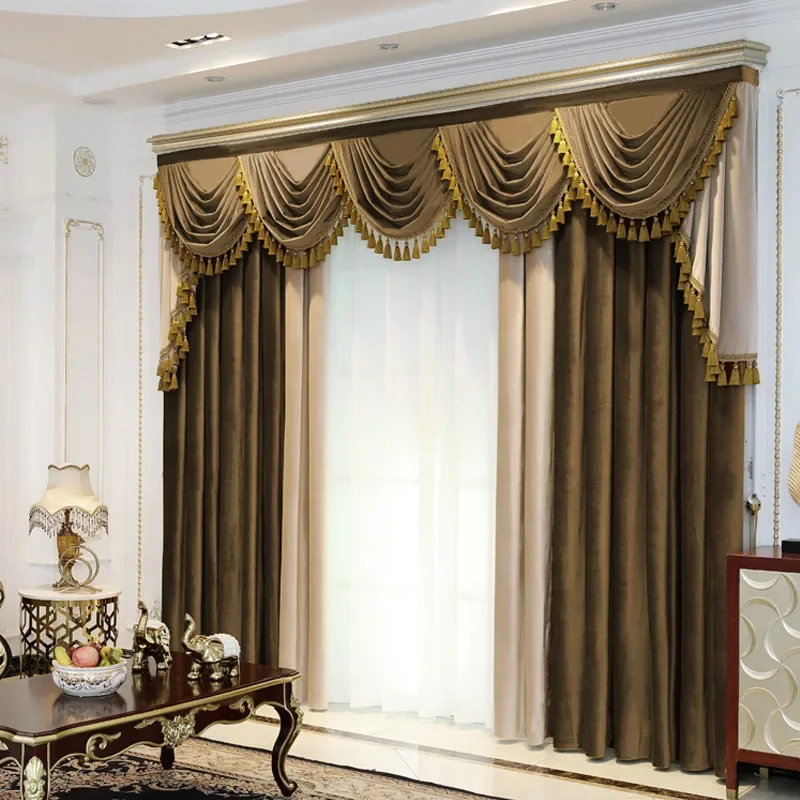 Luxury Atmosphere European Color Blocking Thickened Silk Velvet Curtains for Living Dining Room Bedroom Mantle Head Villa