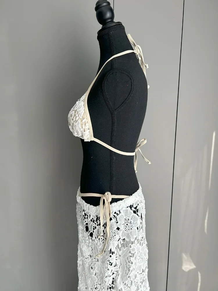 Seksowna Damska Odzież Kąpielowa 2025 Nowy Biały Koronkowy Push Up Bikini Zestaw 3-częściowy Spódniczka z Siateczki Letni Strój Kąpielowy Narzutka Biquini Plaża