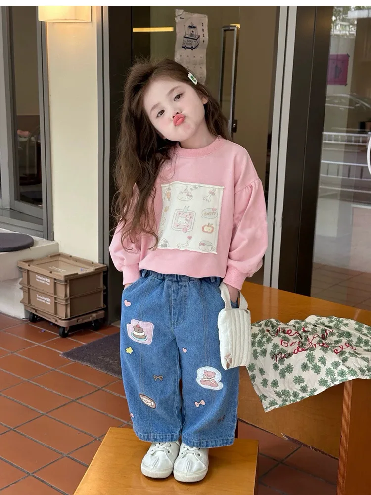 Girl Hoodie Top Korean Children Clothes 2024 Autumn New Cute Cartoon Stick Cloth Hoodie Baby Girl Fashion Princess Tops