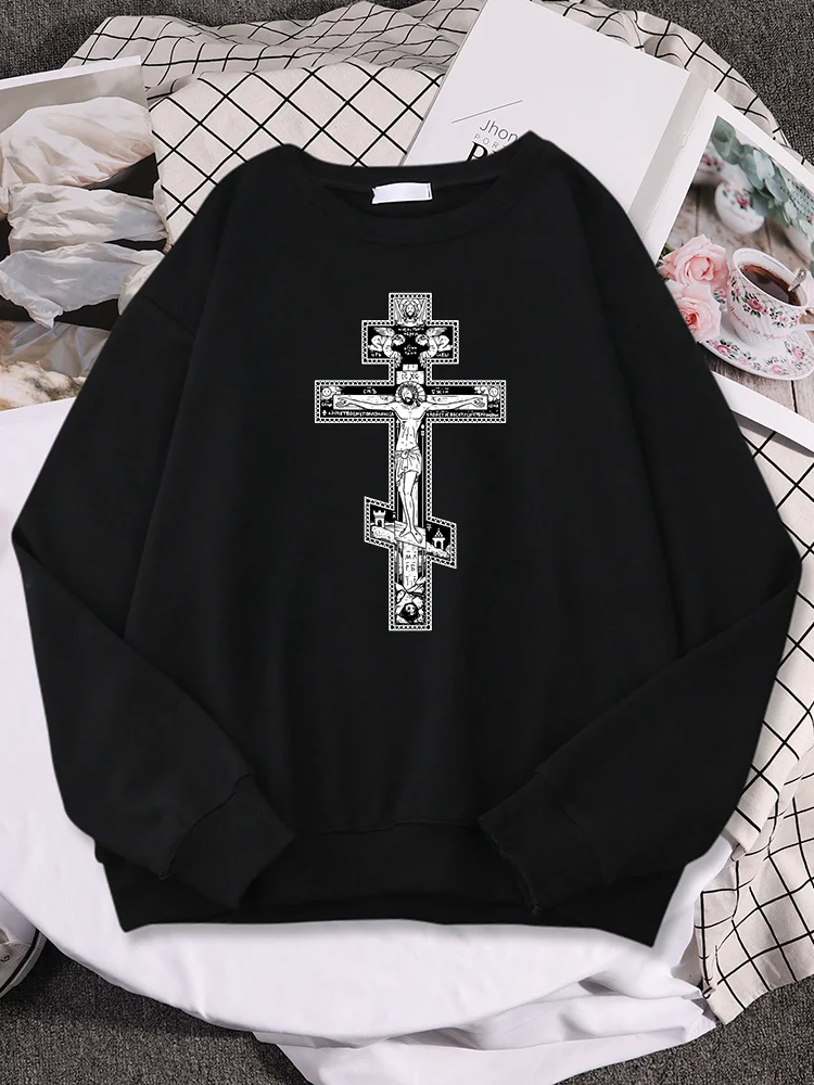 Gothic Dark Style Orthodox Cross Jesus little Angel Print Women Hoodie Fashion Sweatshirt Oversize Crewneck Soft Top Woman Hoody