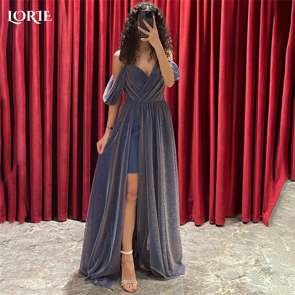 

LORIE Saudi Arabia Glitter Evening Dresses Off Shoulder Shiny A-Line Pleats Formal Prom Dress Short Lining Bride Party Gowns