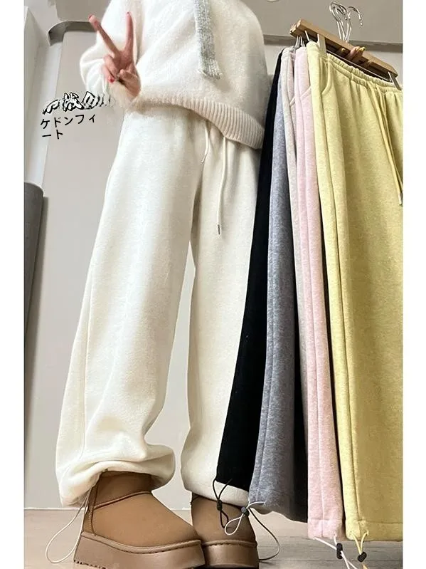 

Anti-Aging Baby Velvet Casual Pants Women's High Waist Wide Leg Trousers Korean Sle Dstring Elastic Waist Long Pants